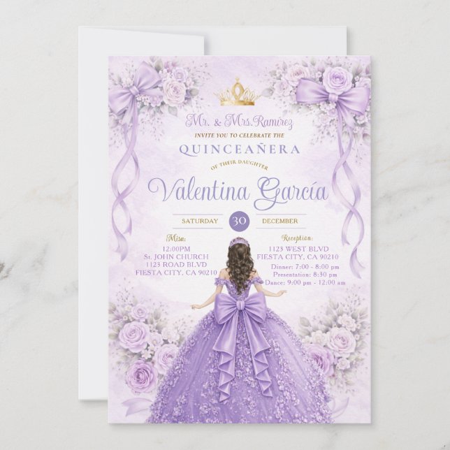 Convite Lavender Princesa Quinceañera Lilás Roxo (Frente)