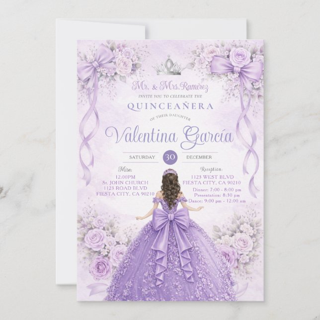 Convite Lavender Princesa Quinceañera Lilás Roxo Prata (Frente)