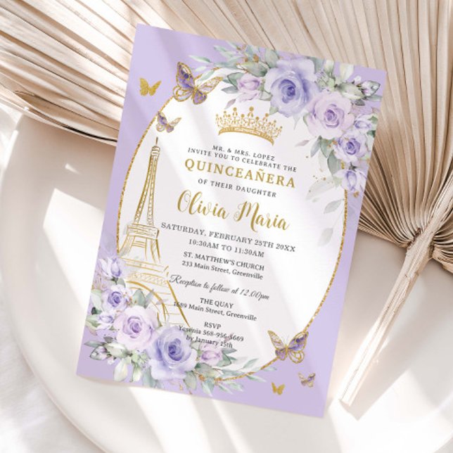 Convite Lavender Purple Floral Butterflies Quinceañera 16 (pastel-soft-lavender-purple-lilac-floral-flowers-butterflies-gold-eiffel-tower-paris-france-invite)