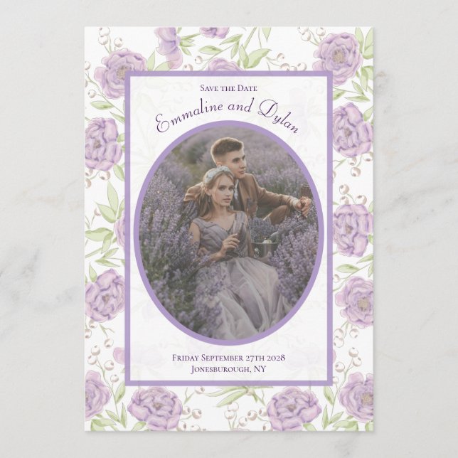 Convite Lavender Purple Rose Wedding Save the Date (Frente)