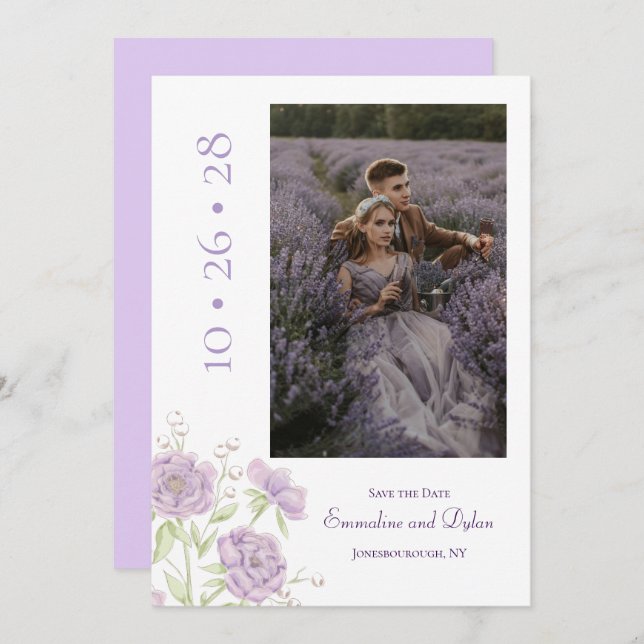 Convite Lavender Purple Rose Wedding Save the Date (Frente/Verso)