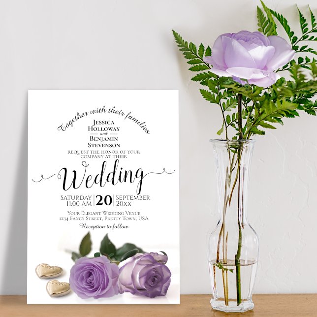 Convite Lavender Purple Roses with Hearts Elegant Wedding (Criador carregado)
