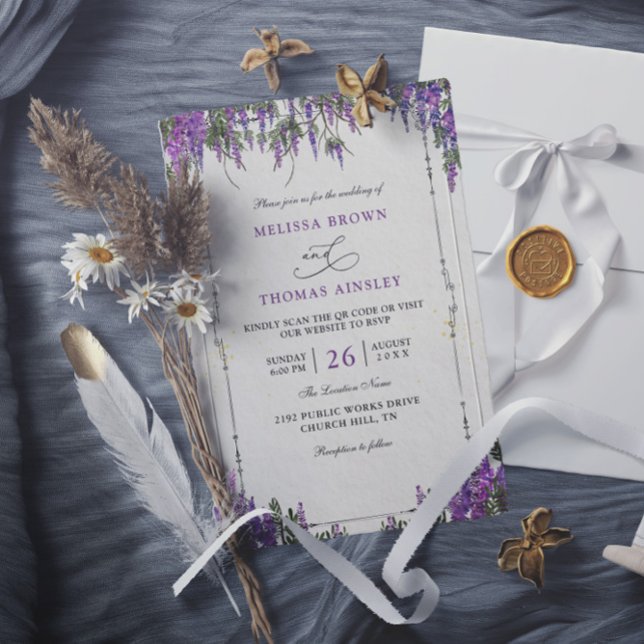 Convite Lavender Purple Watercolor Budget QR Code Wedding (Criador carregado)