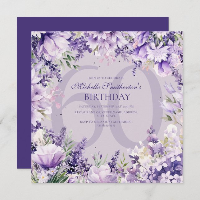 Convite Lavender Purple Watercolor Floral Age Birthday (Frente/Verso)