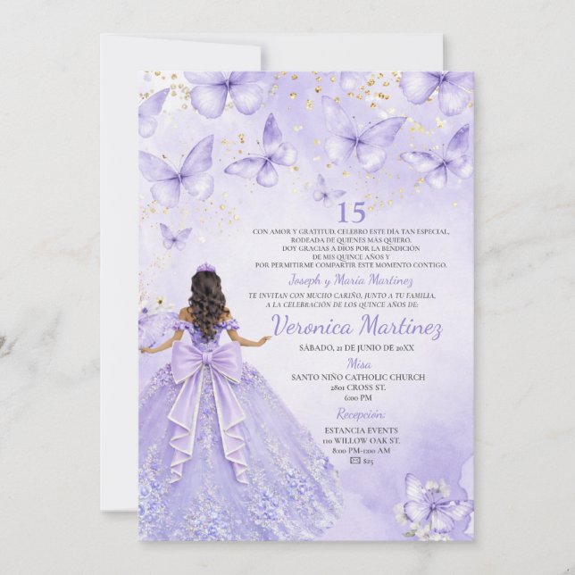 Convite Lavender Quinceañera Invitation with Butterflies (Frente)