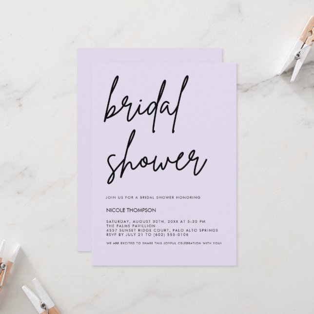 Convite Lavender Script Modern Bridal Shower Invitation  (Frente/Verso In Situ)