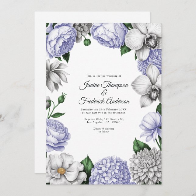 Convite Lavender & Silver Watercolor Floral Wedding (Frente/Verso)