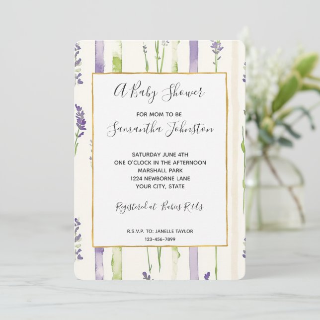 Convite Lavender Stripes Floral Baby Shower (Em pé/Frente)