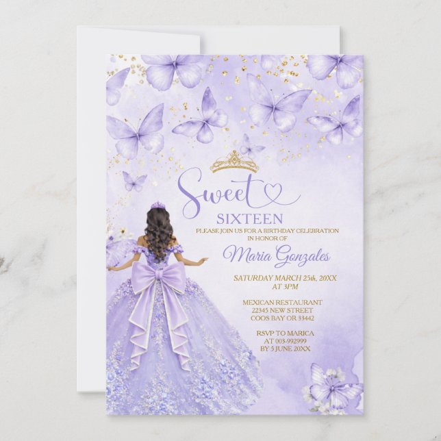 Convite Lavender Sweet 16 Invitation with Butterflies (Frente)