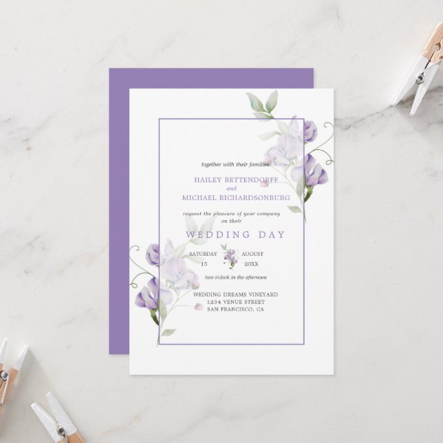 Convite Lavender Sweet Peas Floral Wedding Invitation (Frente/Verso In Situ)