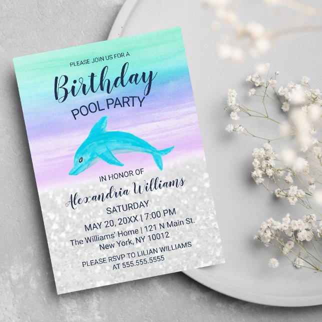 Convite Lavender Teal White Glitter Dolphin Pool Birthday (Lavender Teal White Glitter Dolphin Pool Birthday)