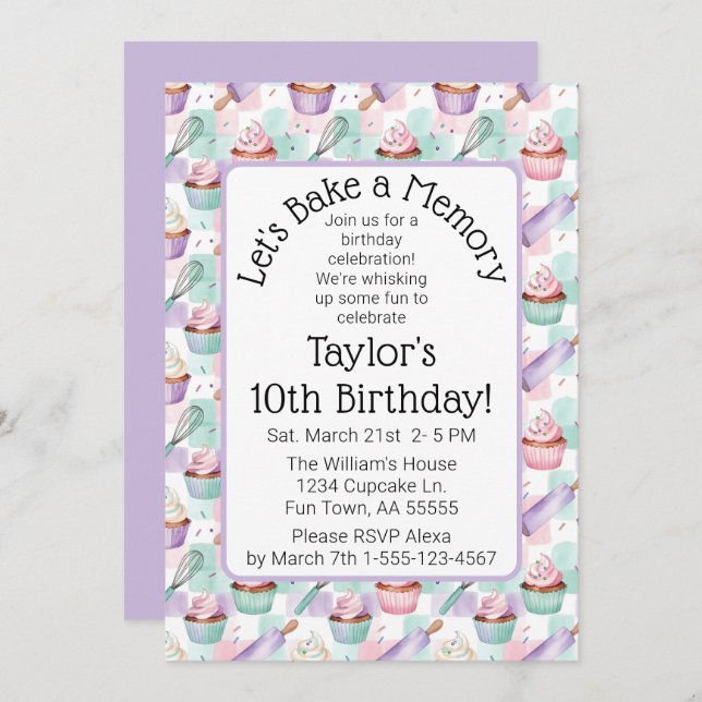 Convite Lavender Watercolor Cupcake Baking Birthday Party (Frente/Verso)