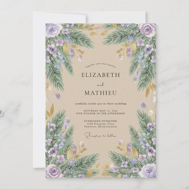 Convite Lavender Watercolor Pine Rustic Wedding (Frente)