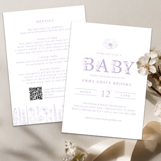 Convite Lavender Wildflower Baby Shower All-in-One  (Lavender Baby Shower Invitation)