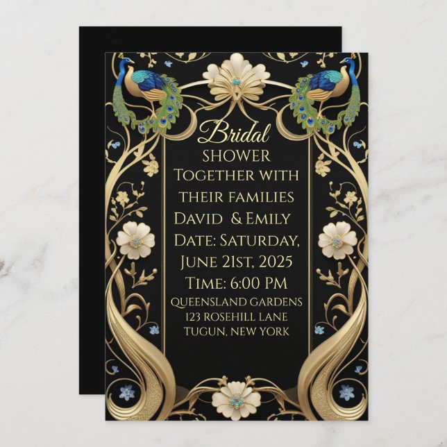 Convite Lavish Art Nouveau Black e Dourado Weding Invitati (Frente/Verso)