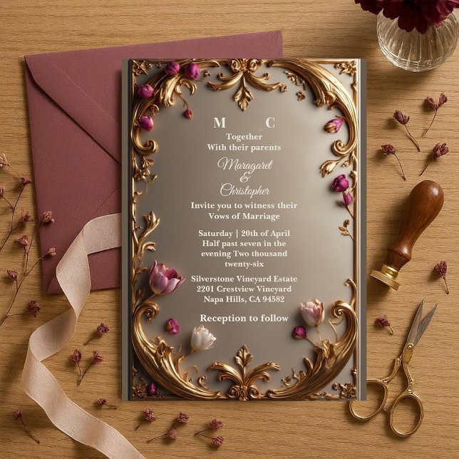 Convite Lavish Mulberry Tulip Gold Baroque Opulent Wedding (Lavish Mulberry Tulip Gold Baroque Opulent Wedding Invitation)