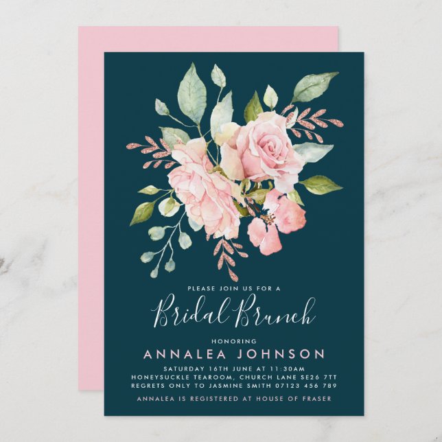 Convite Lavish Pink & Teal Rosa Bridal Brunch (Frente/Verso)