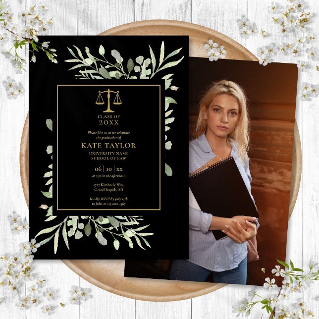 Convite Law School Graduation Photo Black And Gold Foliage (Law School Graduation Photo Black And Gold Foliage Invitation)