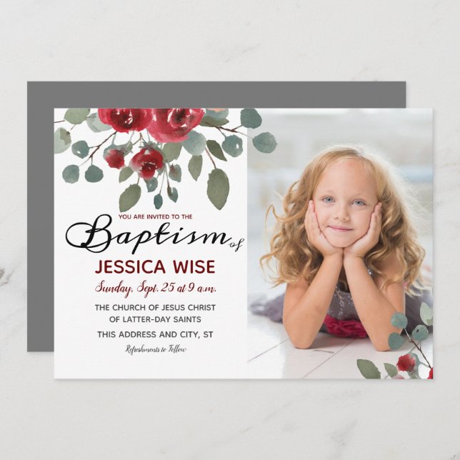 Convite LDS Baptism Girl Watercolor Rosa Floral (Frente/Verso)