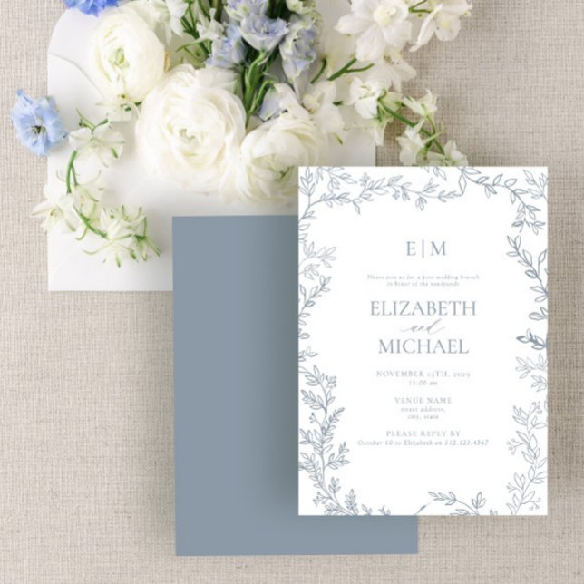 Convite Leaf Dusty Blue Monograma Postado Casamento Brunch (Criador carregado)