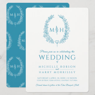 Convite Leaf oval line art casamento aqua teal e branco