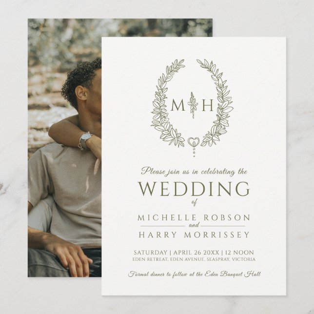 Convite Leaf oval line art casamento azeitona verde foto b (Frente/Verso)