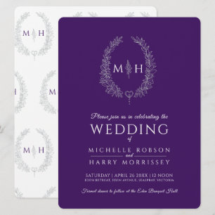 Convite Leaf oval line art casamento prata roxo e branco