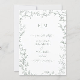 Convite Leaf Sage Green Elegant Monograma Salve a Data
