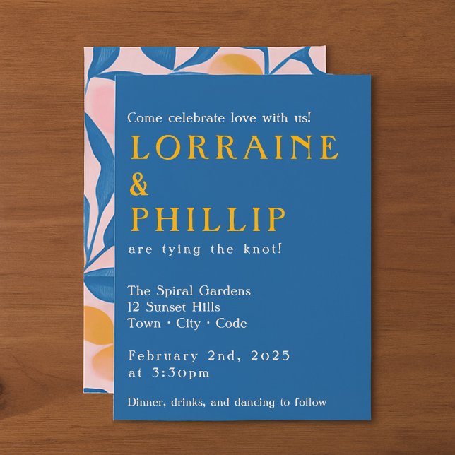 Convite Leafe Lithógrafo Azul-escuro preto e rosa casament (Leafy Lithograph Bold Blue yellow and pink wedding Invitation)