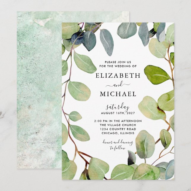 Convite Leafy Frame Eucalyptus Greenery Wedding (Frente/Verso)