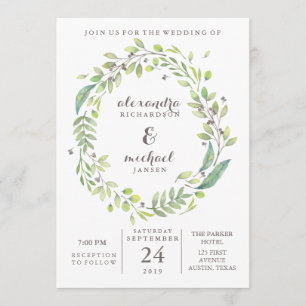 Convite Leafy Green   Trendy Watercolor Wreath Wedding