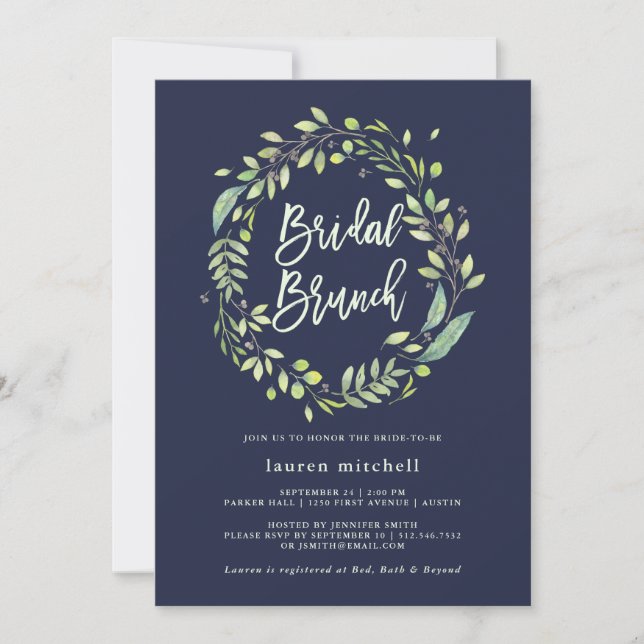 Convite Leafy Green Wreath | Brunt Bridal Azul-Meia-Noite (Frente)