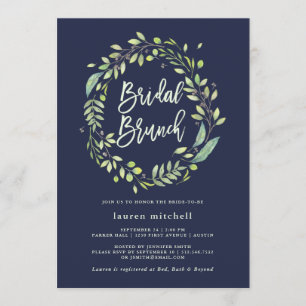 Convite Leafy Green Wreath   Brunt Bridal Azul-Meia-Noite