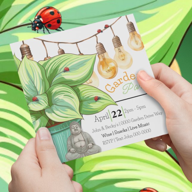 Convite Leafy Hosta Plant com Ladybugs e Buddha (Birthday, garden party, house warming party Buddha, plants and ladybug customizable invitation. )