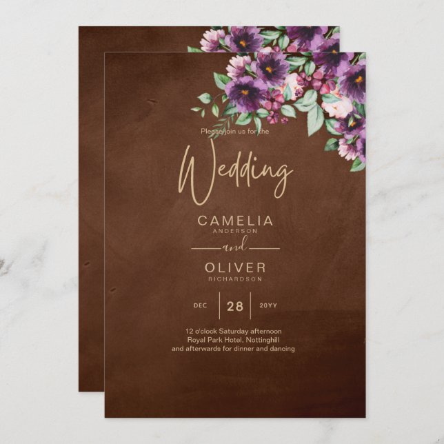 Convite Leah G Brown Berry Plum Púrpura Casamento outono (Frente/Verso)