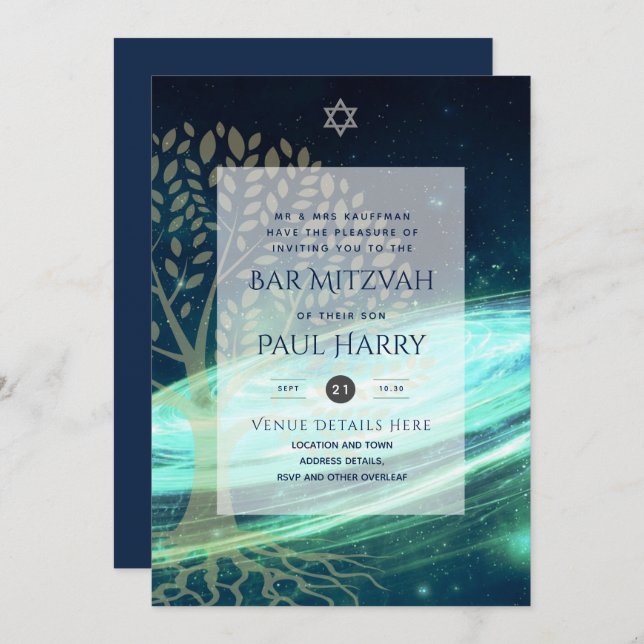 Convite Leah G Elegante Bar de Música Mitzvah Jewish Torah (Frente/Verso)