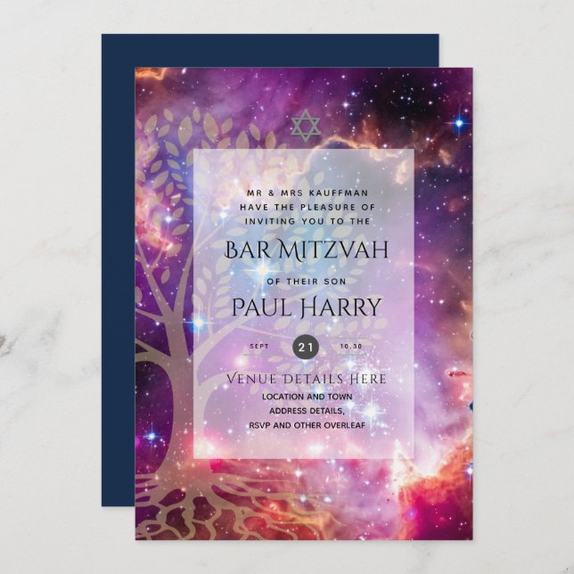 Convite Leah G Elegante Bar de Música Mitzvah Jewish Torah (Frente/Verso)