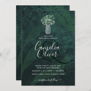 Convite Leah G Emerald Green Gypsophila Mason Jar Wedding