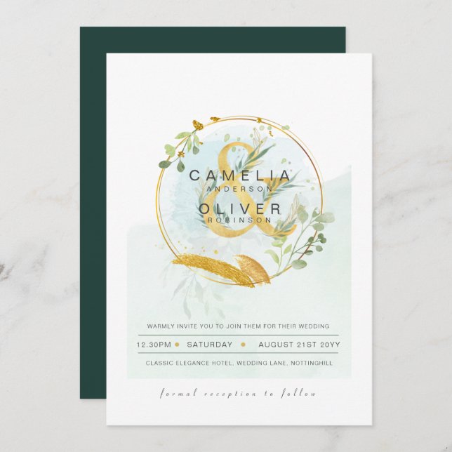 Convite Leah G Eucalyptus Greenery Dourado Casamento QR CÓ (Frente/Verso)