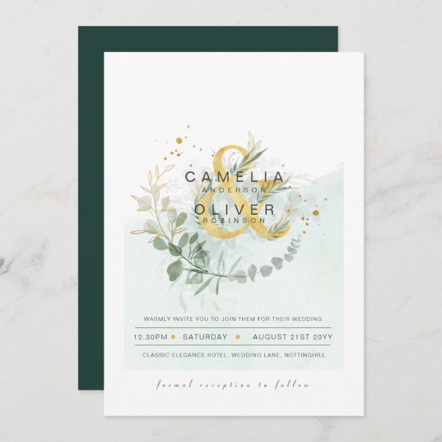 Convite Leah G Eucalyptus Greenery Dourado Casamento QR CÓ (Frente/Verso)