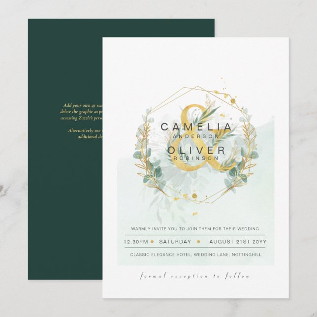 Convite Leah G Eucalyptus Greenery Dourado Casamento QR CÓ (Frente/Verso)