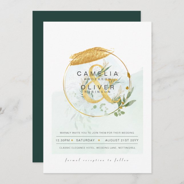 Convite Leah G Eucalyptus Greenery Dourado Casamento QR CÓ (Frente/Verso)