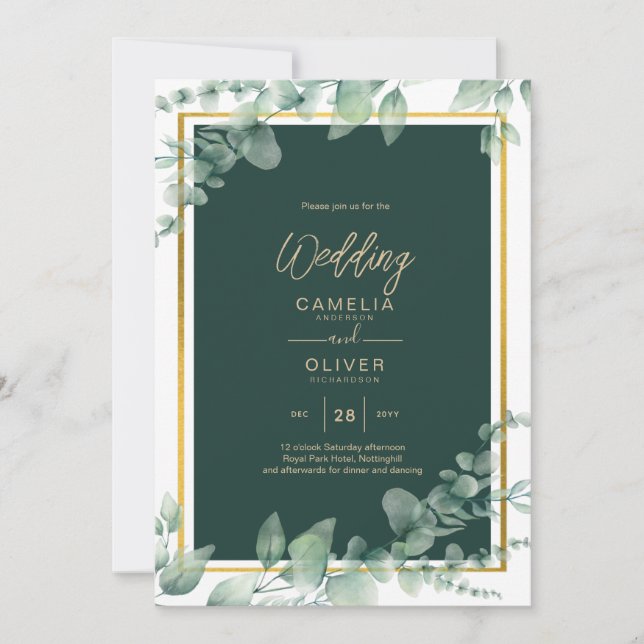 Convite Leah G Eucalyptus Greenery Dourado WEDDING CÓDIGO  (Frente)