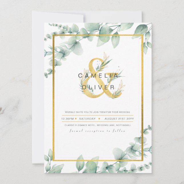 Convite Leah G Eucalyptus Greenery Dourado WEDDING CÓDIGO  (Frente)