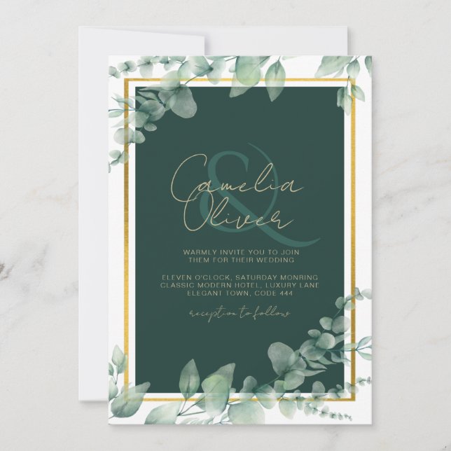 Convite Leah G Eucalyptus Greenery Dourado WEDDING CÓDIGO  (Frente)