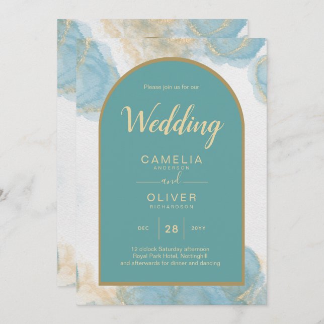 Convite Leah G INK Vidro do mar Turquesa Teal Dourado CONV (Frente/Verso)