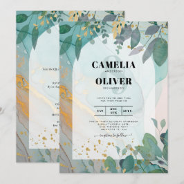 Convite Leah G Seaglass Inv. Casamento Dourado Verde com T