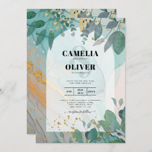 Convite Leah G Seaglass Inv. Casamento Dourado Verde com T