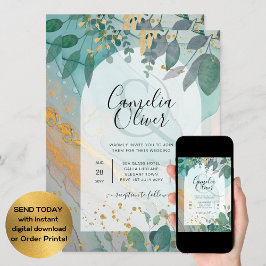 Convite Leah G Seaglass Inv. Casamento Dourado Verde com T