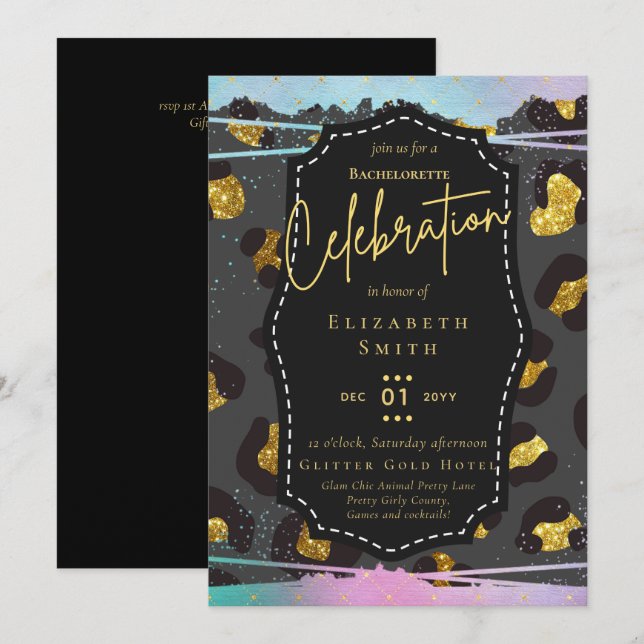 Convite LeahG Bonito Girly Bachelorette Glam Animal Prints (Frente/Verso)
